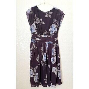 eShakti Floral Print Chiffon Dress Purple Blue Floral Sz 0 Party Cocktail Preppy
